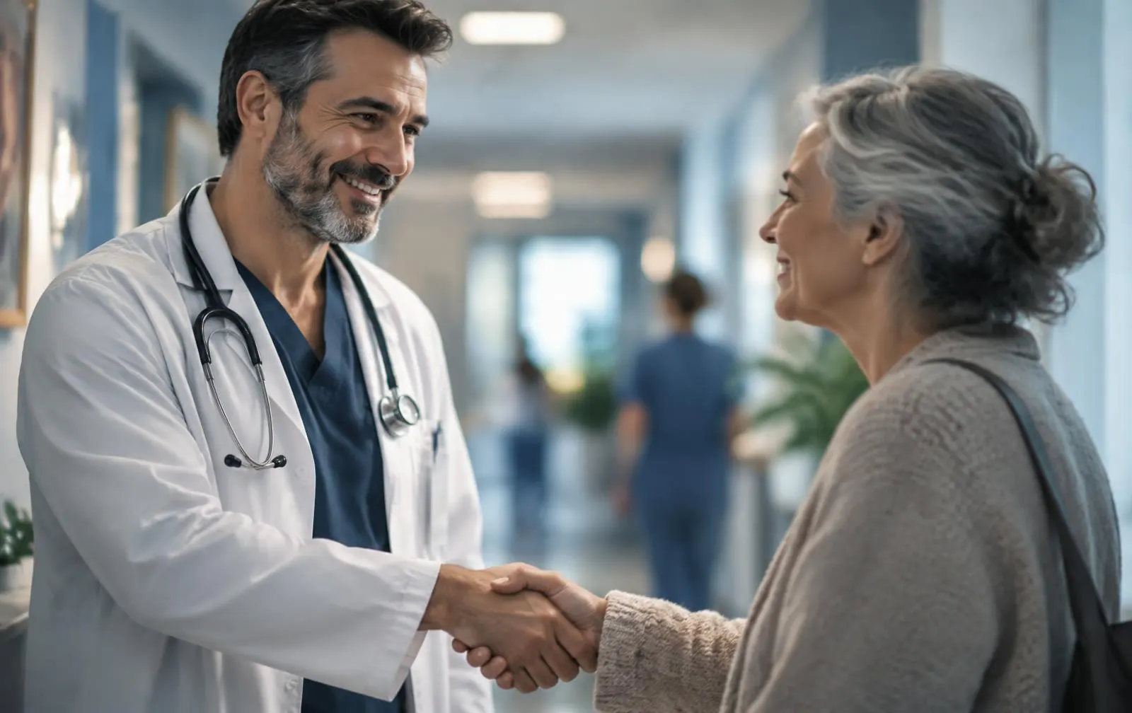 Médico cumprimentando uma paciente no corredor da clínica